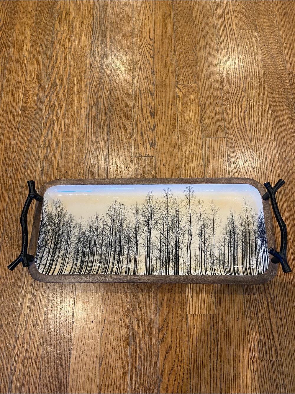 Michael Aram Forest Wood Tray with Black Iron Handles
